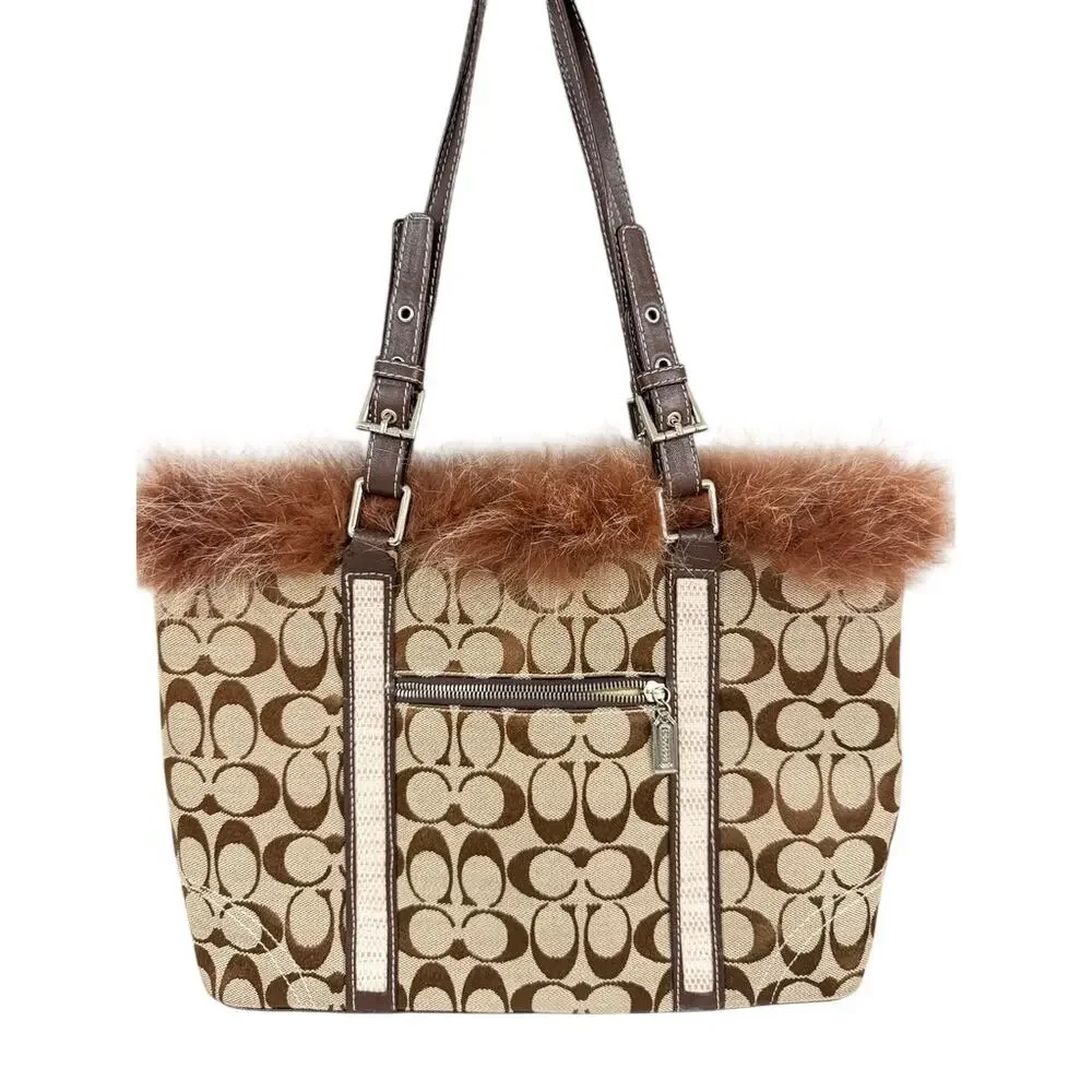 Coach 2004 Signature Jacquard Genuine Fur Trim Tote Bag Y2K